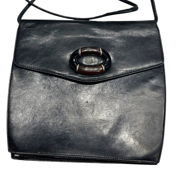 Vintage Ingledew’s Black Leather Crossbody Bag • Tortoiseshell Clasp • 80s 90s - Picture 1 of 8